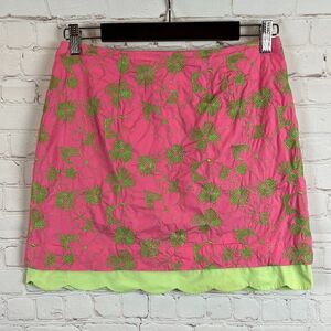 LILLY PULITZER cotton pink embroidered floral green lined skirt size 4